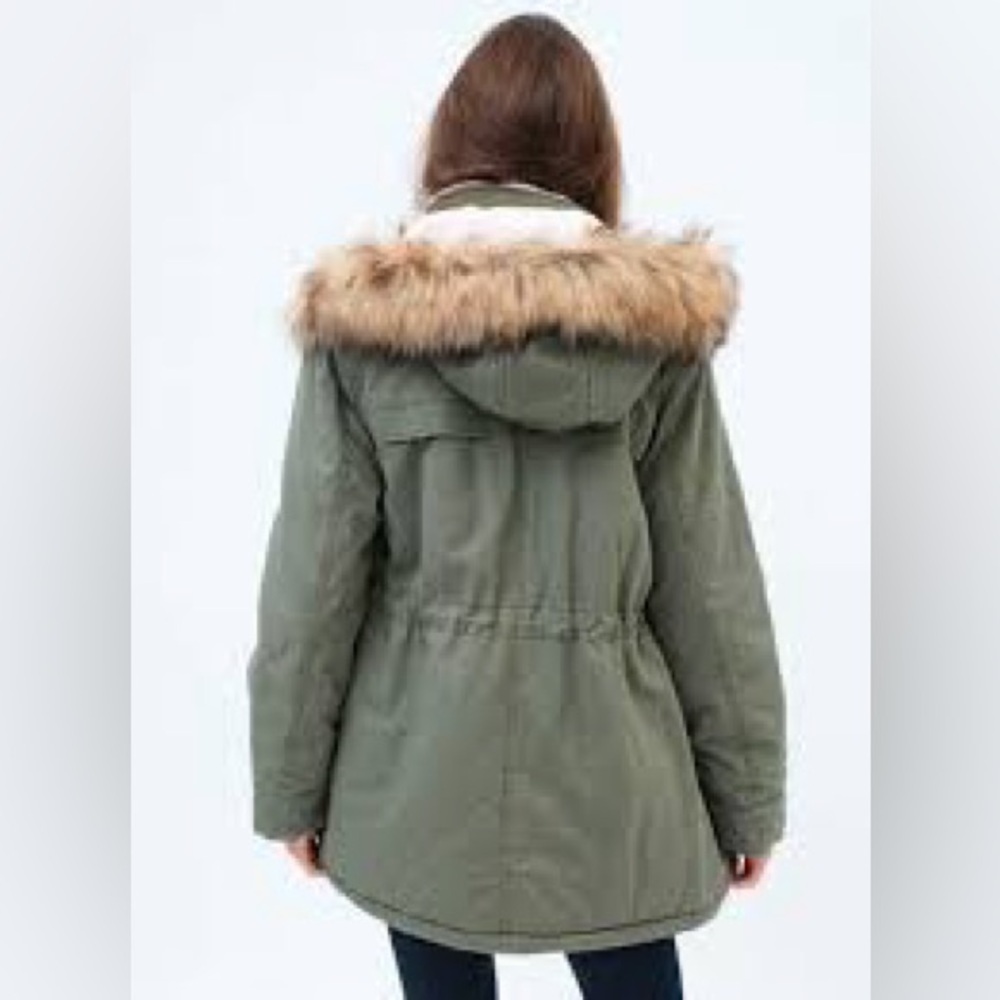 Aeropostale Women's Jacket Olive Green Parka Faux Fur Hood front zip snap button